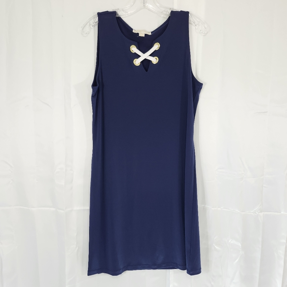 Michael Kors Size Medium Navy Dress with White Criss Cross Chest Gold Accents